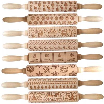 Wood Christmas Printing Rolling Pin Wooden Carvings Embossin