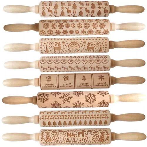 Wood Christmas Printing Rolling Pin Wooden Carvings Embossin