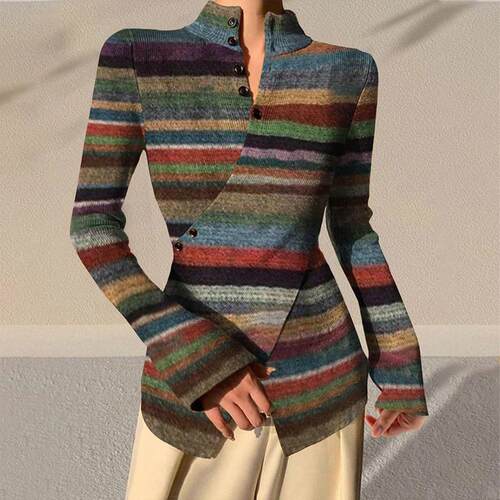 Women's unique stand up collar striped cross hem