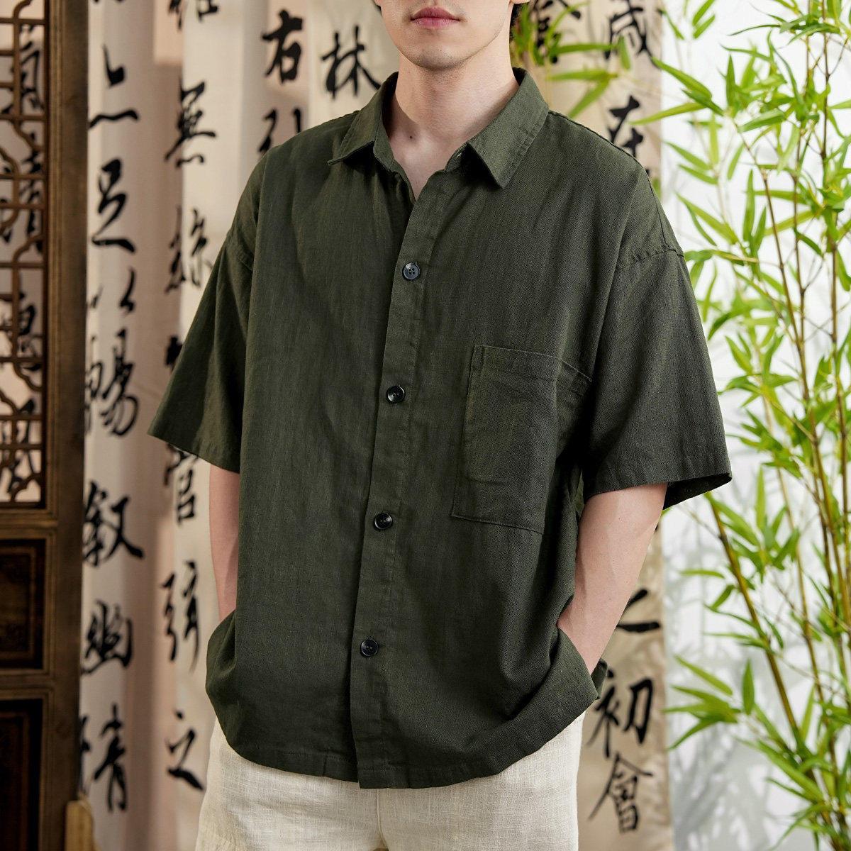 夏季休闲棉麻短袖衬衫男士新款外套翻领宽松亚麻上衣男装透气苎麻