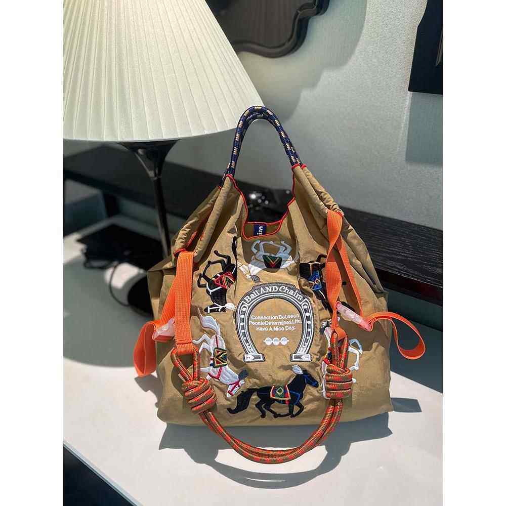 日系ball chain环保袋刺绣新款万里马尼龙斜跨单肩包购物袋大容量
