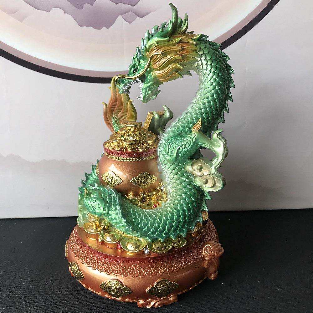 合成汉白玉青龙摆件聚宝盆青龙神像家用客厅生肖龙供奉招财龙摆件