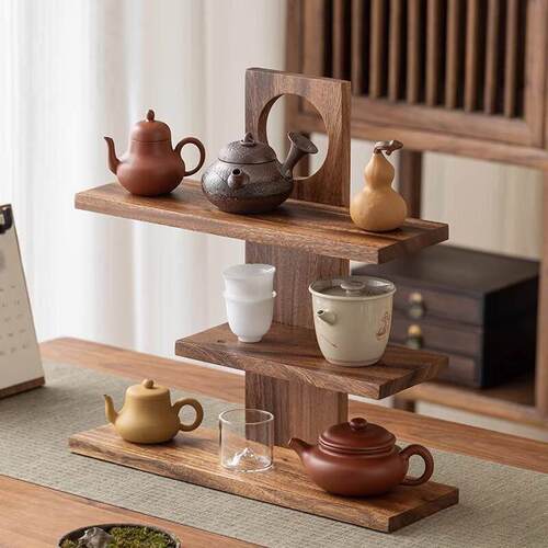 胡桃木置物架桌面博古架实木茶具架子新中式茶杯茶壶收纳展示架