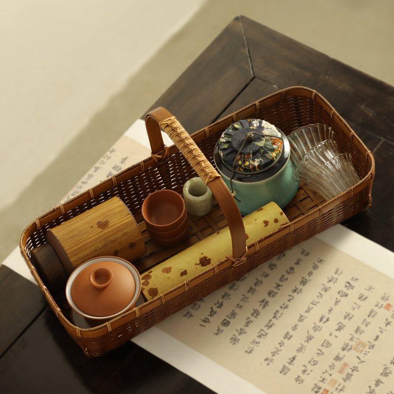 手工大漆竹编手提竹篮 家用杂物收纳筐 日式茶具收纳篮水果篮