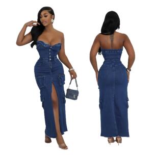 shoulder workwear bag Pocket dress open denim strapless