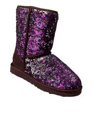 紫色亮片羊毛靴皮毛一体靴仅37码圆头靴子ins女靴中筒靴保暖靴
