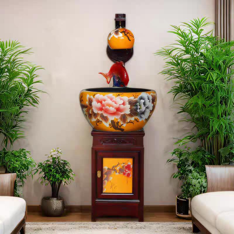 新款景德镇观赏陶瓷鱼缸循环流水摆件柜式带灯造景加湿器落地鱼盆