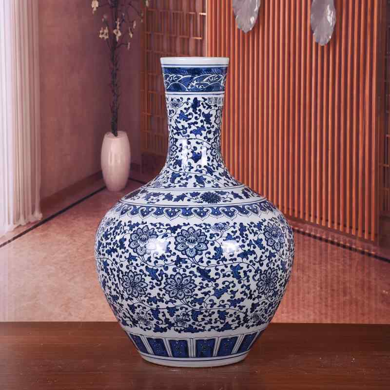 高档景德镇陶瓷落地花花瓶花青莲饰大瓶家居客厅装工艺饰品