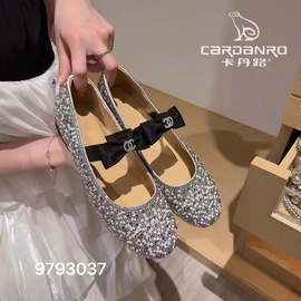 卡丹路2023玛丽珍鞋女圆头浅口水钻银色，平底舒适超软单鞋仙女
