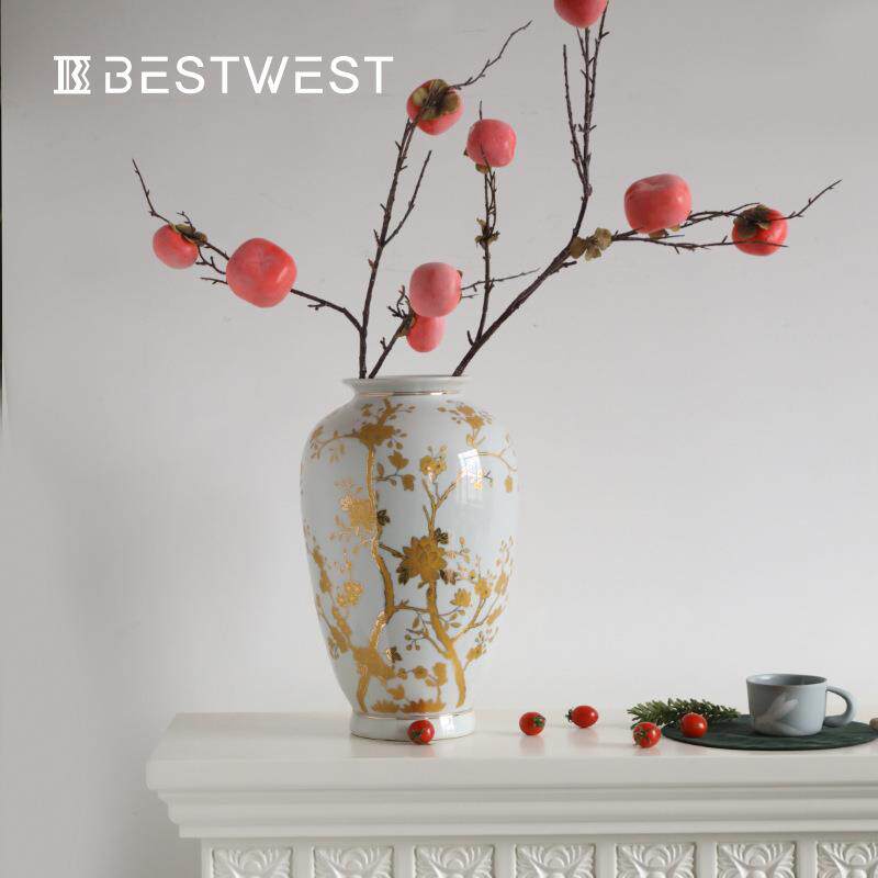 Best west 中式描金色海棠陶瓷花瓶台灯家居轻奢储藏罐装饰品套装
