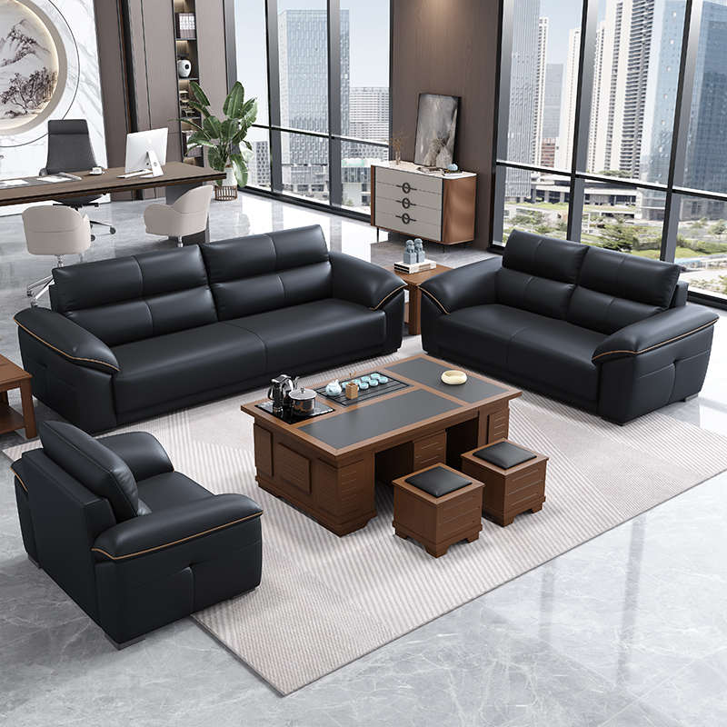 新款真皮奶油风办公室办公沙发商务接待会客休息区多人位茶几组合