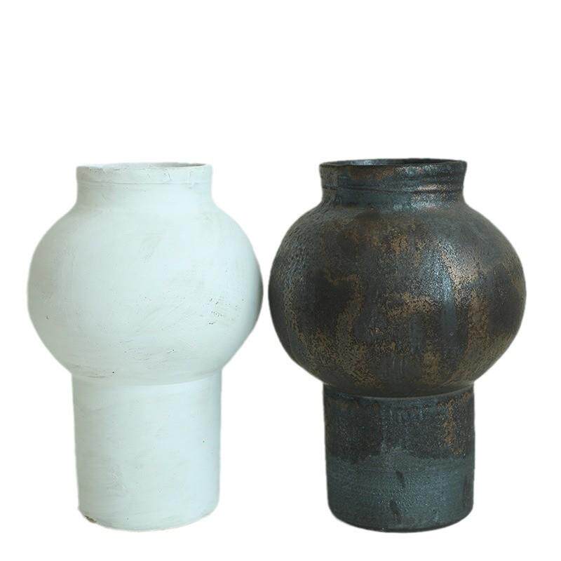粗陶花器复古陶罐大口径陶土陶瓷花器摆件白色黑金绿植插花日式