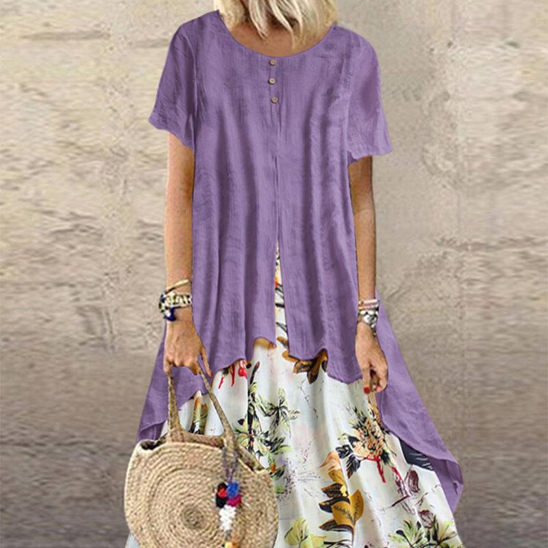 Dress Temperament Cotton and Linen Floral Long Plus Size