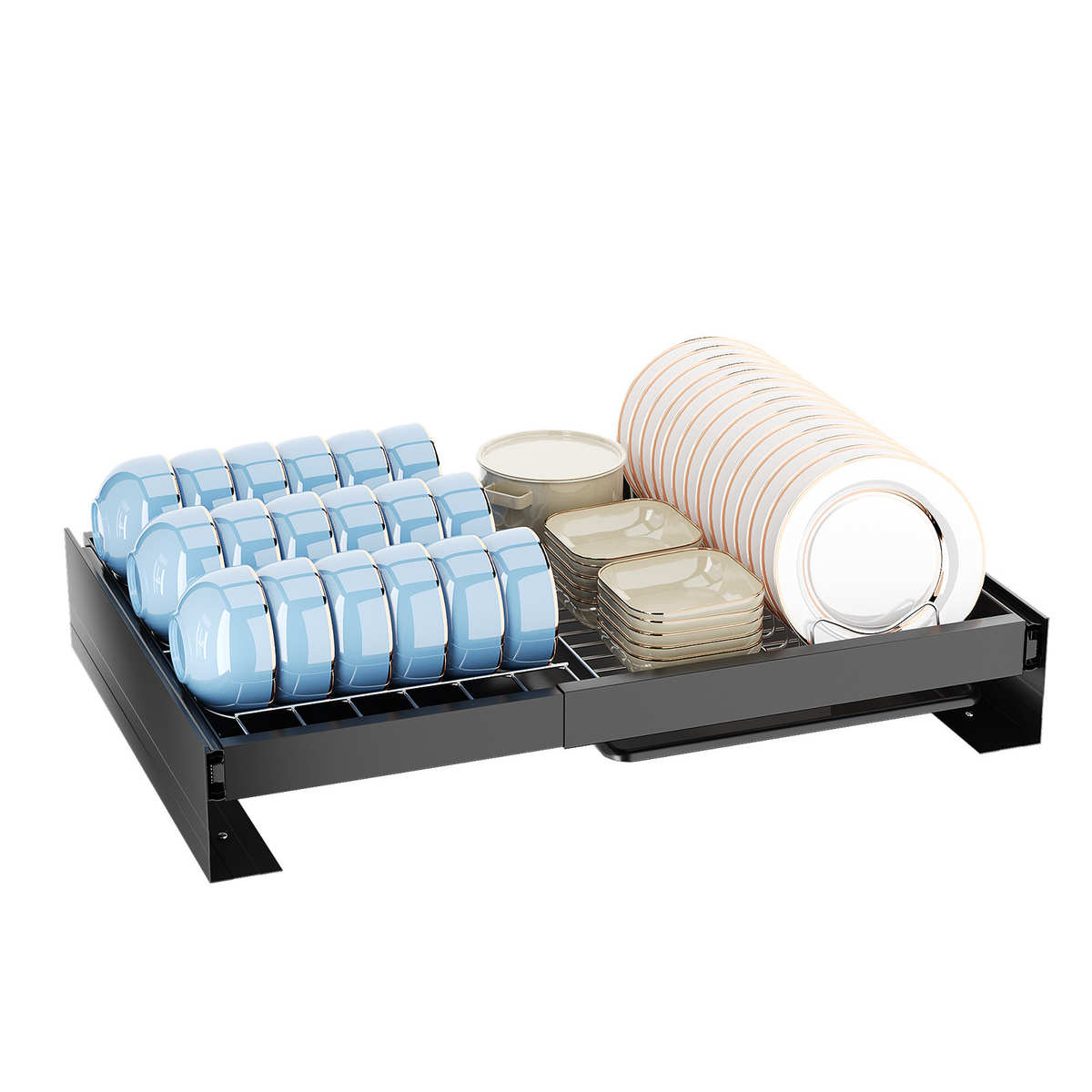 厨房抽拉伸缩置物架橱柜抽屉架拉篮碗盘收纳架带沥水盘碗碟架