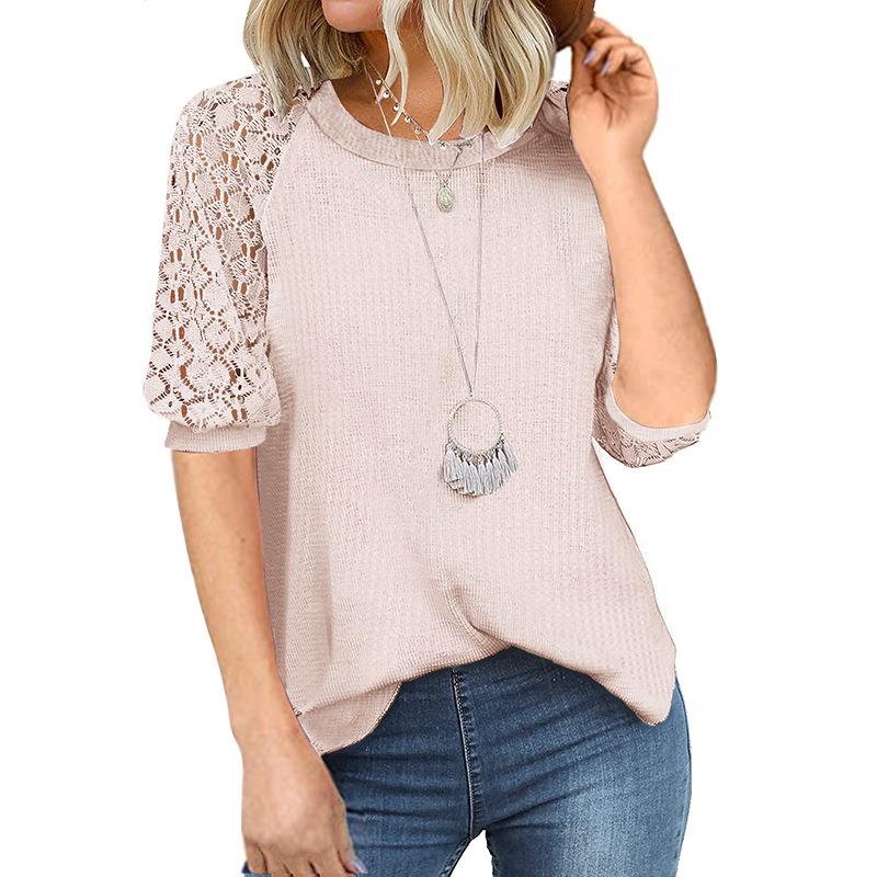 Neck Womens Grace Sleeve Stitching Waffle T-shirt Round Top