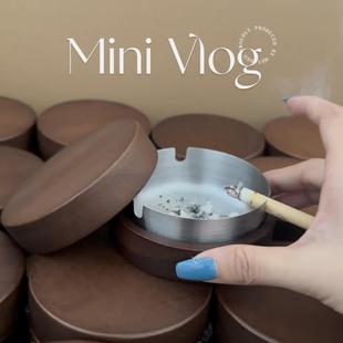 带盖胡桃木烟灰缸不锈钢家用办公酒店复古轻奢胡桃木防飞小灰烟缸