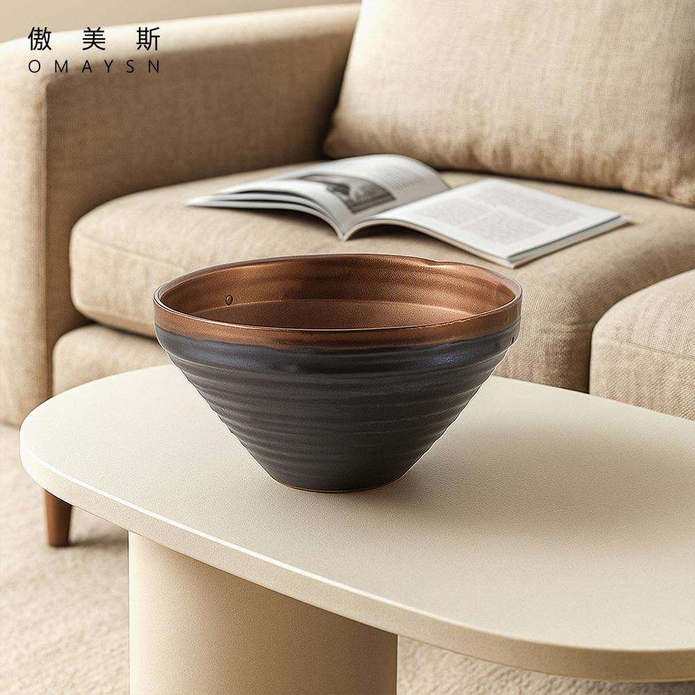 陶瓷果盆傲美斯Omaysn跨境客厅摆件轻奢金属釉水果盘陶瓷工艺品