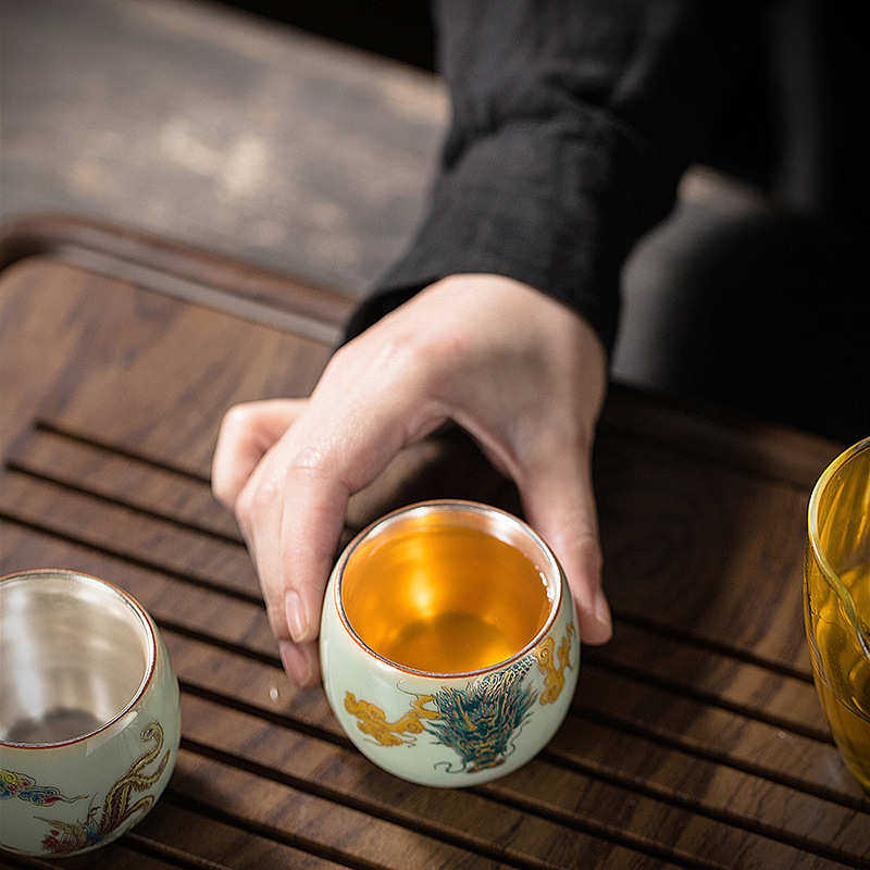 鎏银青瓷龙凤双杯窑变茶盏主人单杯纯手工陶瓷茶碗功夫茶具品茗杯