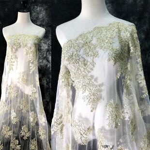 香槟金色重工刺绣布料礼服裙盛装偏硬蕾丝网纱绣花透视设计师面料