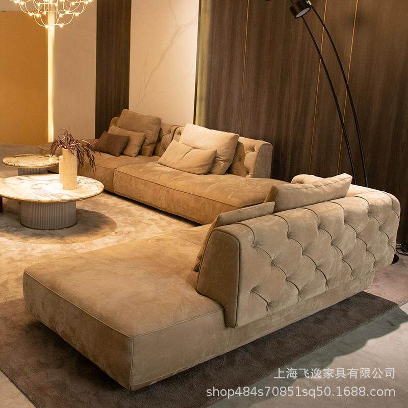 意式轻奢别墅大平层布艺沙发现代简约设计师拉扣皮艺沙发客厅组合