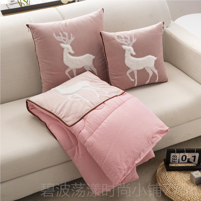 高档意大利绒贴布绣抱枕被子两用靠垫公室小被子车午上办沙发靠休