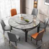 实木双轨岩板餐桌椅组合现代简约家用伸缩小户型圆桌带转盘吃饭桌