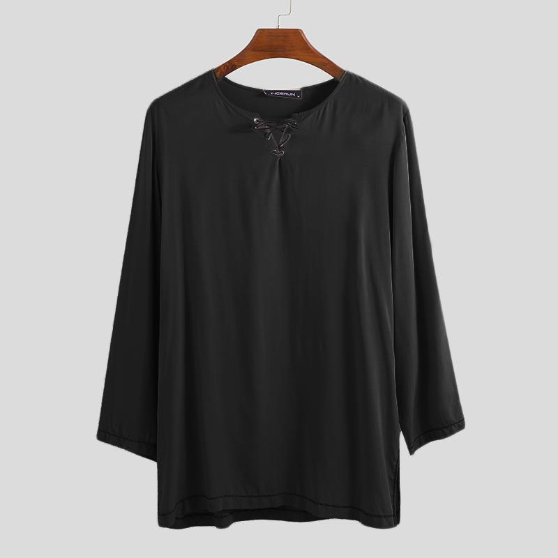 Mens Retro Solid Color Casual Cotton and Linen Long Sleeve