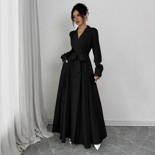 Commuter Dress with Notched Collar Long Sleeve Pleated