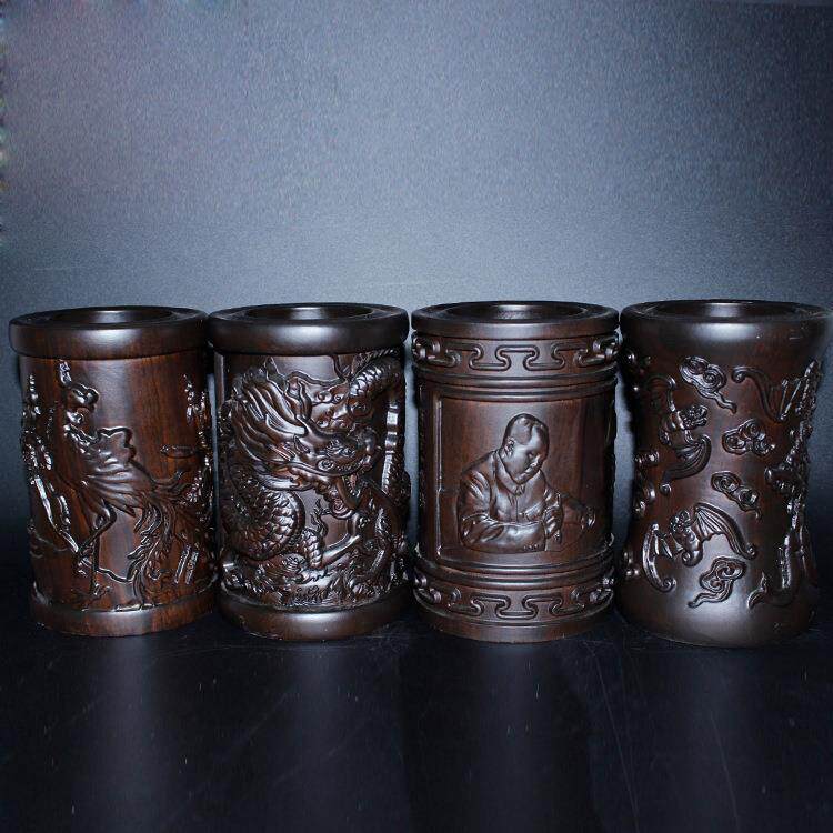 黑檀木雕刻笔筒乌木浮雕木笔筒文房四宝工艺品