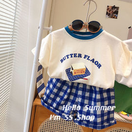韩范儿(韩范儿)~男宝宝夏季字母，短袖t恤格子，女童洋气短裤两件套休闲套装潮