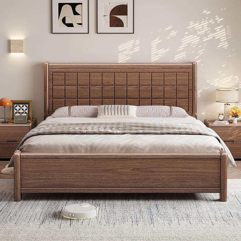 胡桃木实木床1米8主卧双人床 1.5米单人床现代简约家用加厚静音床