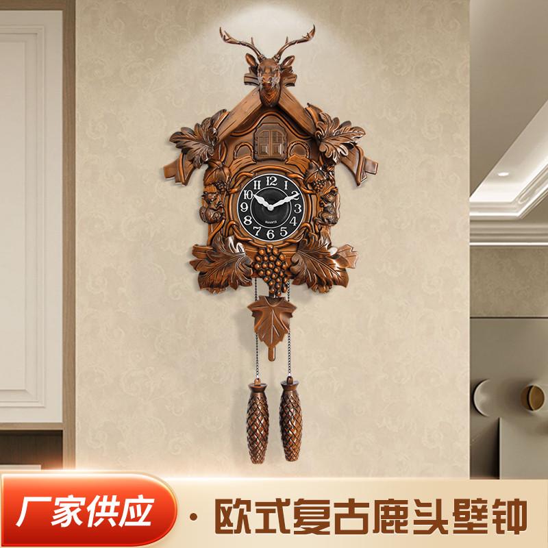 欧式复古壁鹿布谷鸟鹿头壁钟家用装饰挂表时钟报时挂钟静音石英钟