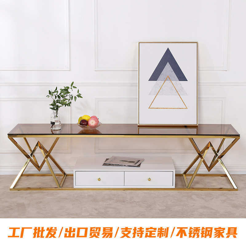 不锈钢茶几 现代极简钢化玻璃茶几电视柜组合 时尚轻奢玄关隔断桌