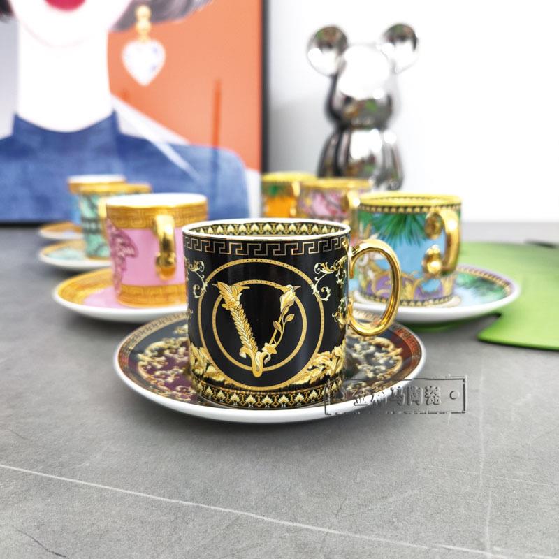 骨瓷通用欧式风陶瓷杯创意设计黑色V字图案描金手柄马克杯轻奢
