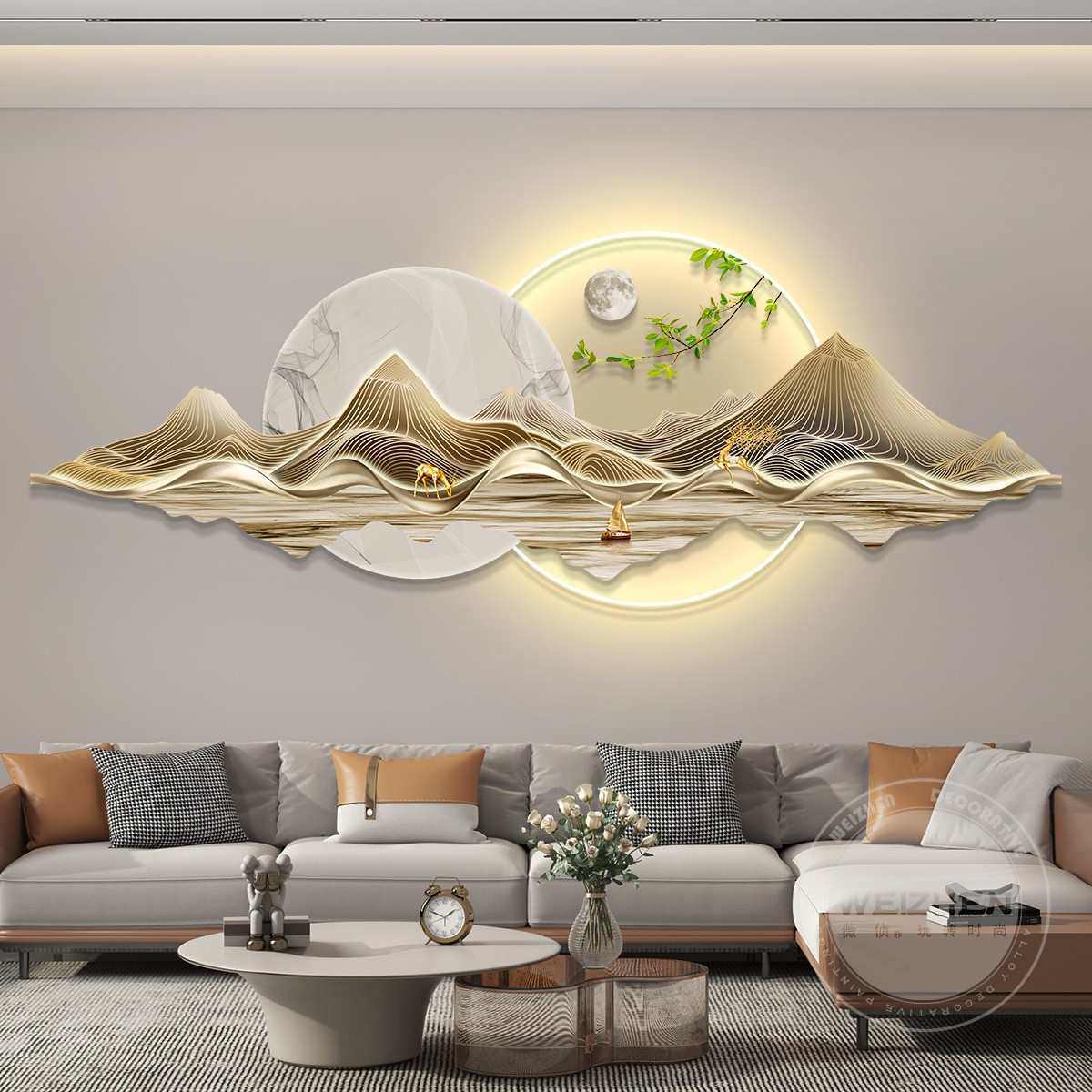 轻客厅感led背景沙发高级奢带壁画现代山水画装饰画挂画灯简约墙