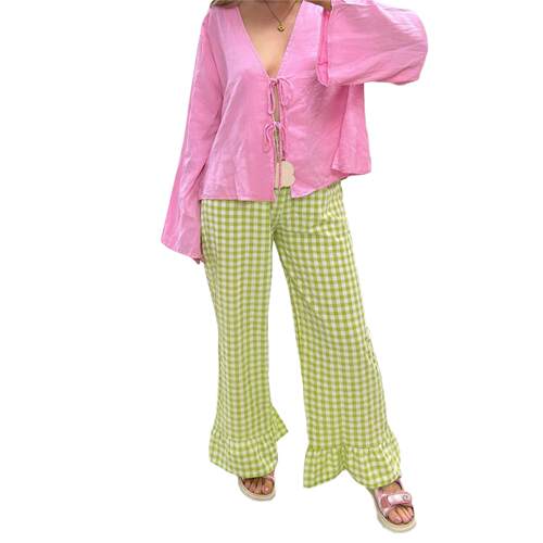 Checkered micro flared pants high waisted elastic pants