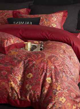 法尔曼轻奢复古婚庆大红色全棉长绒棉四件套结婚被套床单婚房床品