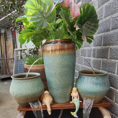 古法鱼缸瀑布流水陶罐造景创意摆件现代别墅庭院鱼池增氧过滤系统