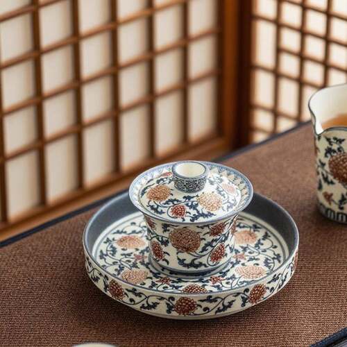 青花釉里红壶承盘圆型茶盘干泡台茶点盘陶瓷茶具配件茶托鱼藻纹