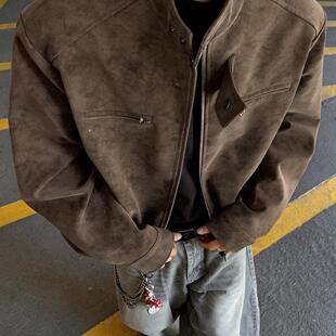 美式正肩皮衣外套男款春秋款上衣复古痞帅男装机车鹿皮绒皮夹克男
