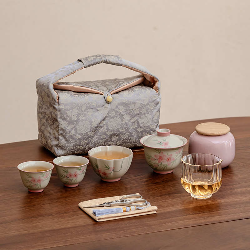 冰台手绘桃花一碗两杯便携茶具旅行梨壶陶瓷功夫泡茶壶套装茶壶