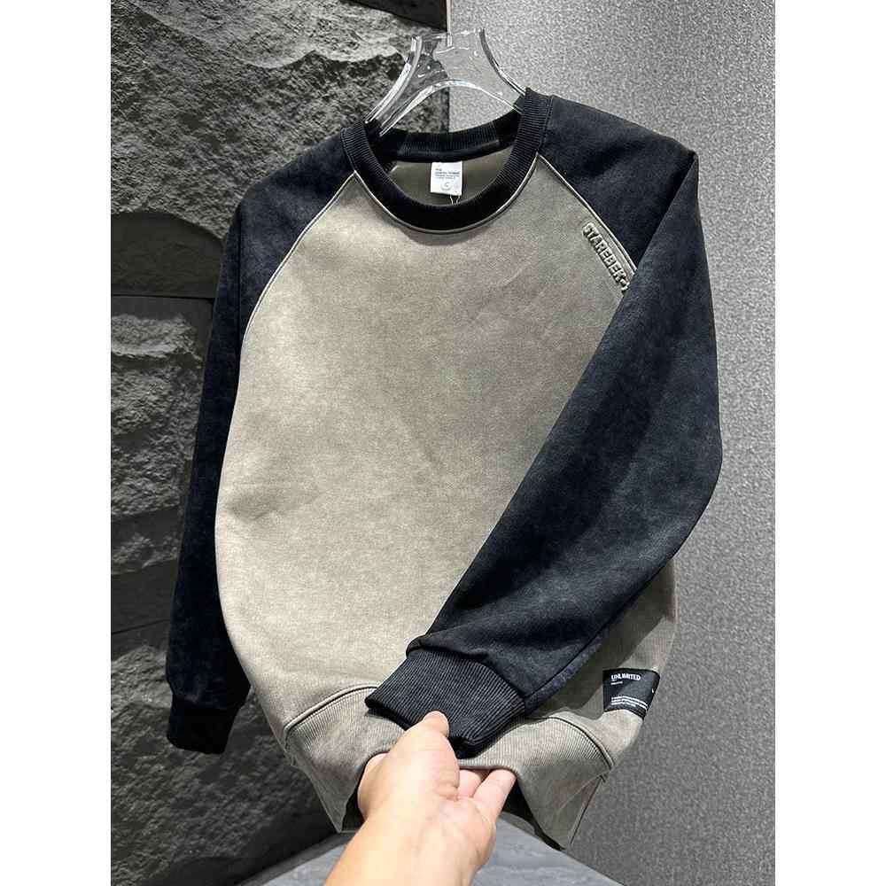 韩版圆领男士春秋卫衣撞色拼接设计感休闲衣服扎染薄款成熟风上衣