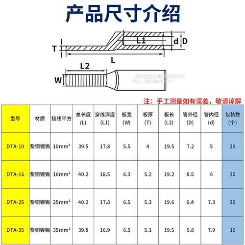 DTA/GTLA-10/16/20平方全铜过渡管电表C45插针式铜鼻镀锡接线端子