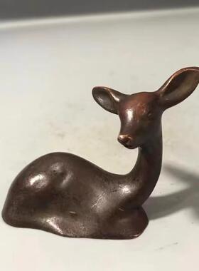 古玩实心铜俯鹿摆件一鹿有你彷紫铜茶宠小鹿镇纸家庭装饰桌面摆件