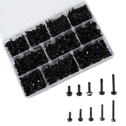 460pcs 410不锈钢黑锌六角华司钻尾燕尾钉金属专用螺丝套装8#10#