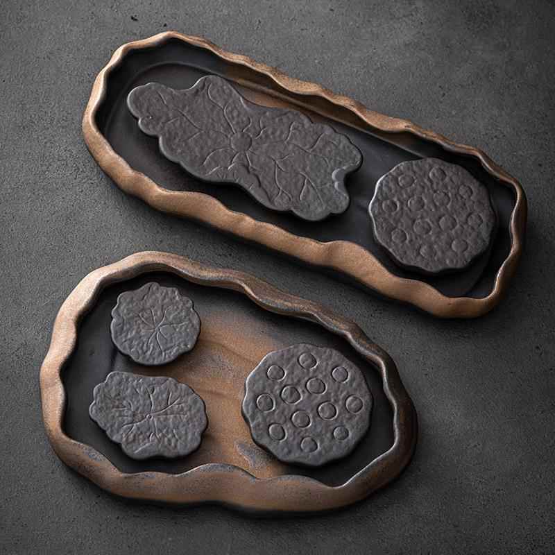 古早烧粗陶蓄水干泡盘茶盘 复古铁锈釉家用干泡盘蓄水茶盘