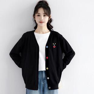 韩国2026新款彩色钮扣笑脸刺绣毛衣外套女春秋黑色针织开衫上衣潮