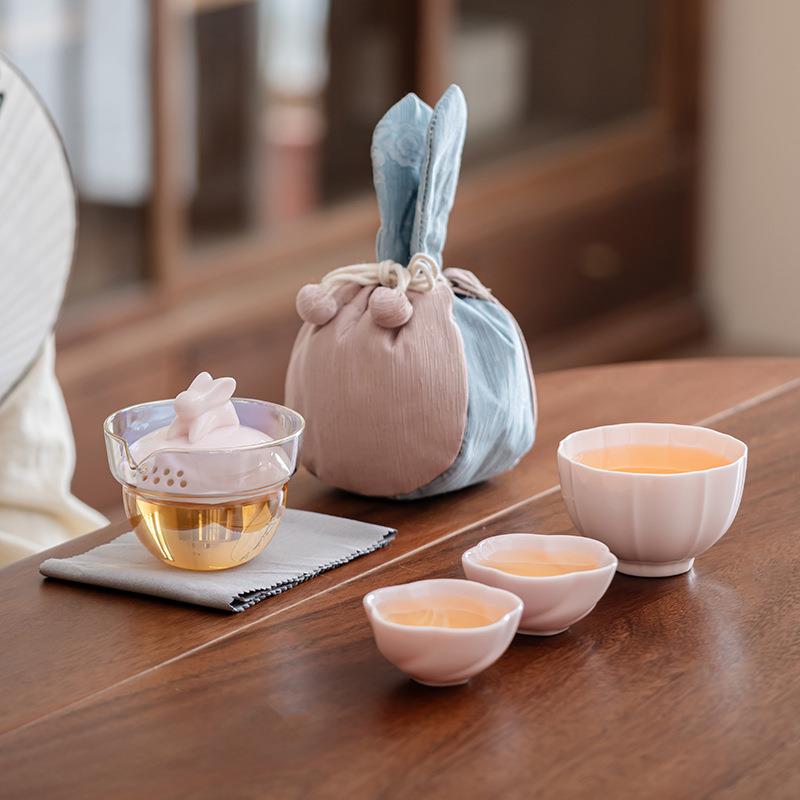 欢兔袋子茶壶袋快客杯袋一壶一杯束口袋便携旅行收纳袋新中式粉色