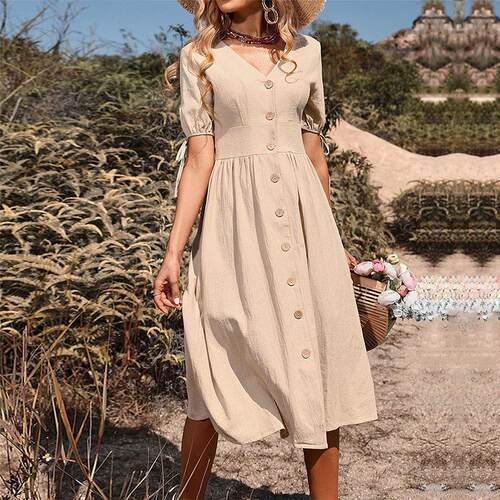 Women's short sleeved dress with cotton and linen collar