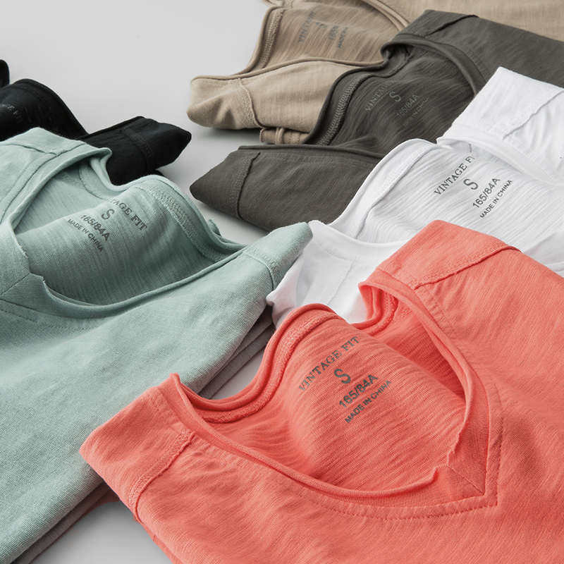 春季白色内搭纯棉V领打底衫宽松百搭做旧毛边天竺竹节棉T恤男长袖